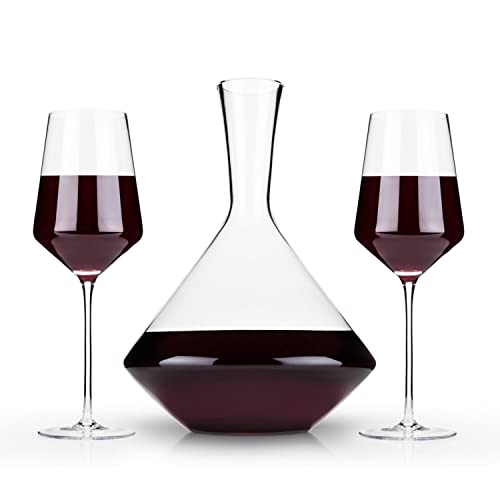 Viski Raye Bordeaux Wine Glasses & Decanter Set - Premium Crystal Clear Glass, Modern, Stemmed, Flat Bottom, Red Wine Gift - Set of 3 , 16 oz and 30 oz