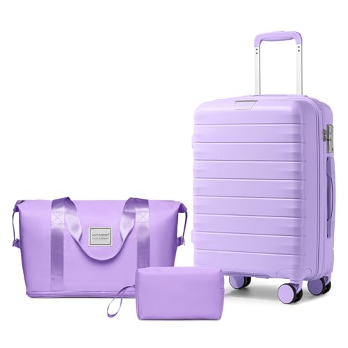 LARVENDER Luggage Sets 3 Piece with Duffel Bag Hardside PP carry on suitcase with 360° Spinner Wheels TSA Lock for Men Women, Purple