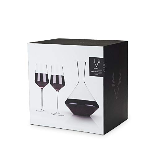 Viski Raye Bordeaux Wine Glasses & Decanter Set - Premium Crystal Clear Glass, Modern, Stemmed, Flat Bottom, Red Wine Gift - Set of 3 , 16 oz and 30 oz