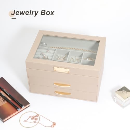 V-LAFUY Jewelry Organizer Box with Glass Lid, Women Jewelry Box Jewelry Display Case 3-Layer with 2 Drawers, Christmas Gifts for Women, Glass Lid Apricot