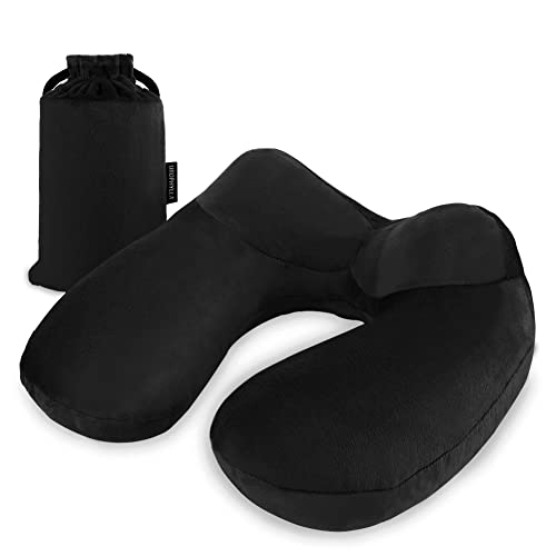 urophylla Inflatable Travel Pillow, Soft Velvet Inflatable Neck Pillow for Traveling, Airplanes, Car with Compact Bag, Breathable Washable Cover, Suit for Adults Sleeping - Black (Black)