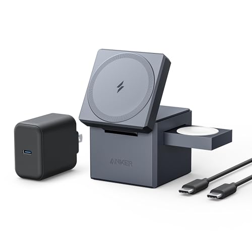 Anker MagSafe Charger Stand,Anker 3-in-1 Cube with MagSafe, 15W Max Fast Charging Stand, Foldable Wireless Charger for iPhone 15/14/13, Apple Watch S1-8/Ultra, AirPods (30W USB-C Charger Included)