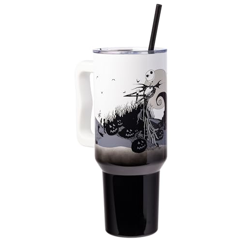 Silver Buffalo Disney Nightmare Before Christmas by Tim Burton Jack Skellington Hill and Moon Stainless Steel Tumbler with Handle and Straw, Fits in Standard Cup Holder, 40 Ounces