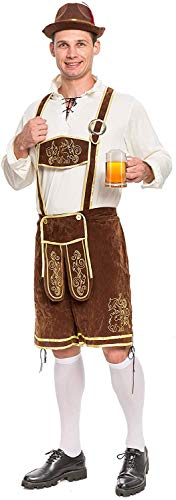 Spooktacular Creations Halloween Men’s Oktoberfest Costume Set, Lederhosen Men with German Bavarian Hat, Beer Costume, Adults Halloween Costumes Brown Outfit for Beer Festival Party (Large)