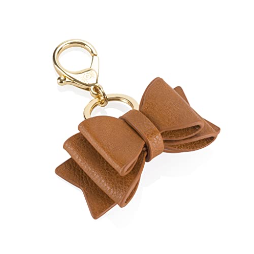 Itzy Ritzy Boss Bow; Bow Charm with Clasp Can Clip to a Diaper Bag, Purse, Keychain or Wallet; Cognac