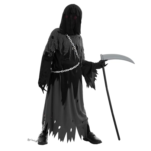 Spooktacular Creations Glowing Eyes Grim Reaper Costume for Kids, Halloween Costume for Boys, Phantom Costume-M(8-10yr)