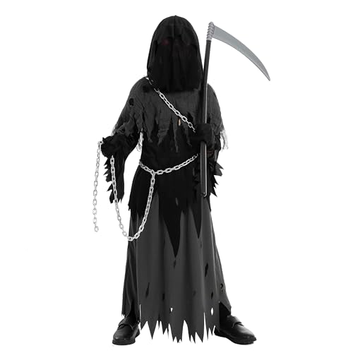 Spooktacular Creations Glowing Eyes Grim Reaper Costume for Kids, Halloween Costume for Boys, Phantom Costume-M(8-10yr)