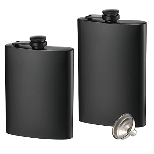 2 Pack Hip Flasks for Liquor, 8 Oz & 12 Oz Stainless Steel Leakproof Thin Flasks with Funnel for Men & Women (Matte Black)