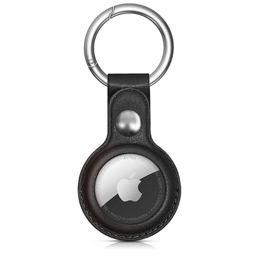 Woyinger Leather AirTag Keychain Holder - Protective Case and Key Ring for Apple AirTags - Black