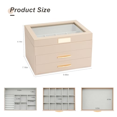 V-LAFUY Jewelry Organizer Box with Glass Lid, Women Jewelry Box Jewelry Display Case 3-Layer with 2 Drawers, Christmas Gifts for Women, Glass Lid Apricot