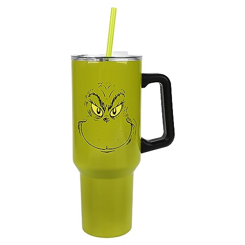 Bioworld Grinch Grinning Face 40 Oz Green Stainless Steel Tumbler With Handle