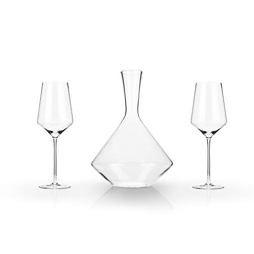 Viski Raye Bordeaux Wine Glasses & Decanter Set - Premium Crystal Clear Glass, Modern, Stemmed, Flat Bottom, Red Wine Gift - Set of 3 , 16 oz and 30 oz