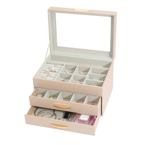 V-LAFUY Jewelry Organizer Box with Glass Lid, Women Jewelry Box Jewelry Display Case 3-Layer with 2 Drawers, Christmas Gifts for Women, Glass Lid Apricot