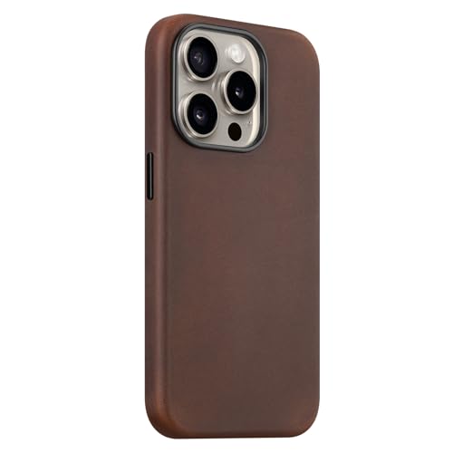 maogoam for iPhone 15 Pro Case Leather, Genuine Crazy Horse Leather Case for iPhone 15 Pro,Compatible with MagSafe, Indiana-Jones Style, Dark Brown