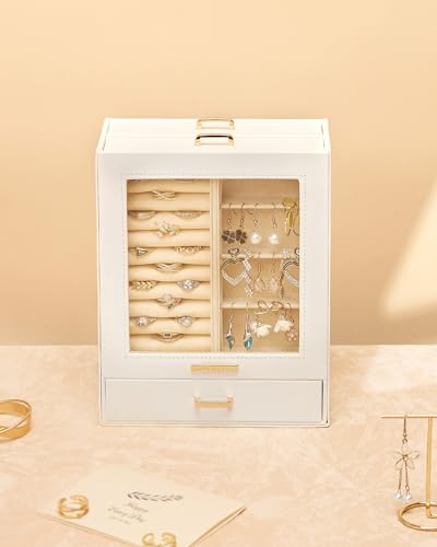 Homde Jewelry Organizer Girls Women Jewelry Box for Necklaces Rings Earrings Gift Jewelry Storage Case (White + Gold)