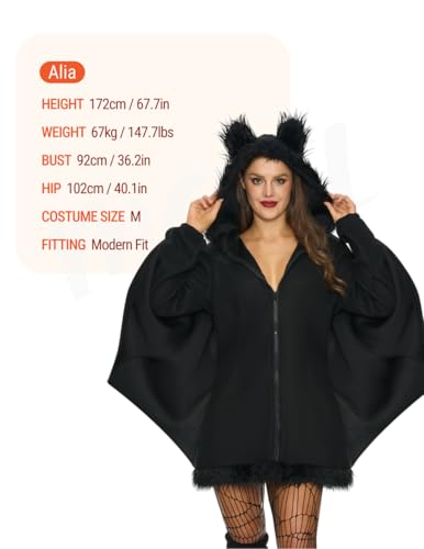 Spooktacular Creations Woman’s Black Bat Costume Women, Adult Bat Wing Zip Hoodie, Halloween Costumes for Adults (X-Large)