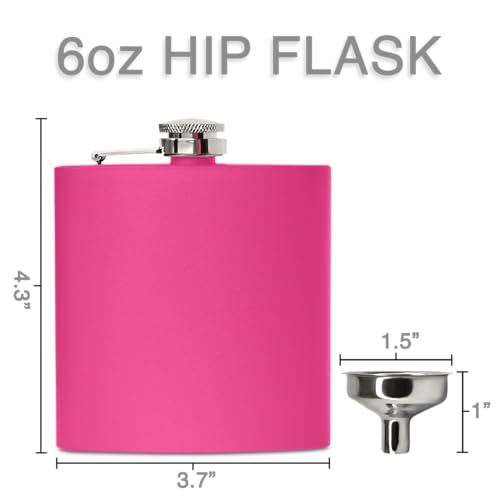 6 oz Stainless Steel Hip Flask with Funnel for Men & Women, Powder Coated Flask Gift Sets for Groomsmen, Bridesmaids, Wedding Party Whiskey Flask for Liquor, by Clear Water Home Goods, Matte Pink