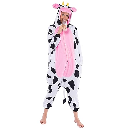 Spooktacular Creations Cow Pajama, Plush Cow Costume One Piece Cow Outfit Hooded, Pink Cow Halloween Costume Sleepwear for Halloween Cosplay Animal Themed Parties(Medium)