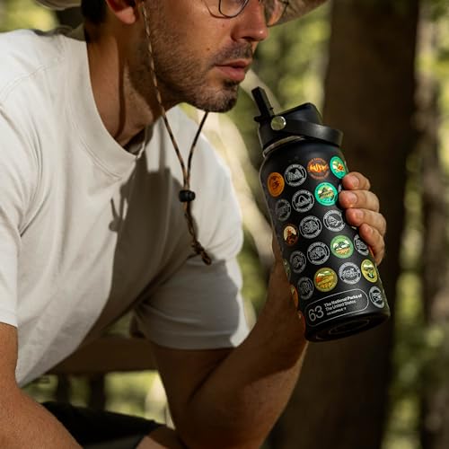 National Parks Water Bottle with Stickers Kit, Erikas Chesonis Collaboration, Adventure Flask with Straw, Waterproof Stickers for Water Bottle, Insulated Stainless Steel 32oz (Black)