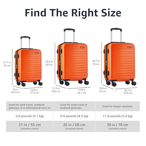 Amazon Basics 3-Piece Hardshell Luggage Set with Wheels and Scratch-Resistant Surface, Includes (21", 26", 30") Carry On Suitcases, Orange