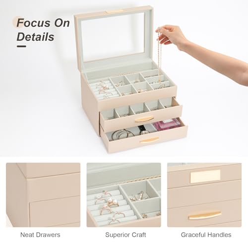 V-LAFUY Jewelry Organizer Box with Glass Lid, Women Jewelry Box Jewelry Display Case 3-Layer with 2 Drawers, Christmas Gifts for Women, Glass Lid Apricot