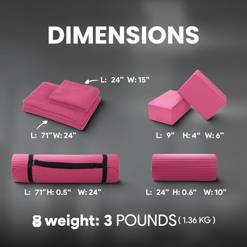 BalanceFrom Fitness 7 Piece Home Gym Yoga Set with 0.5 Inch Thick Yoga Mat, 2 Yoga Blocks, Mat Towel, Hand Towel, Stretch Strap, and Knee Pad, Pink