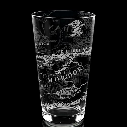 MAP OF MORDOR & GONDOR Engraved 16oz Pint Glass | Inspired by Tolkien LOTR and Middle Earth | Great Christmas Gift Idea | Unique Elvish Hobbit Wizard Fantasy Decor!