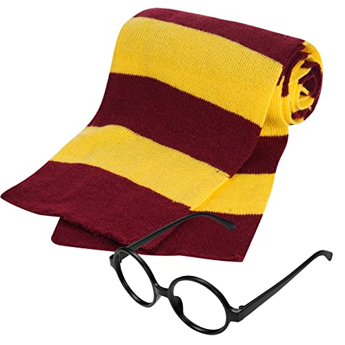 obmwang Novelty Wizard Glasses and Striped Knit Scarf Cosplay Costumes Accessories for Halloween, Birthday Themed Party