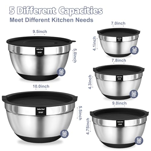 Umite Chef Mixing Bowls with Airtight Lids, 8PCS Stainless Steel Nesting Mixing Bowls Set, 3 Grater Attachments & Non-Slip Bottoms, Black Kitchen Bowls, Size 5, 4, 3.5, 2, 1.5QT for Baking & Serving