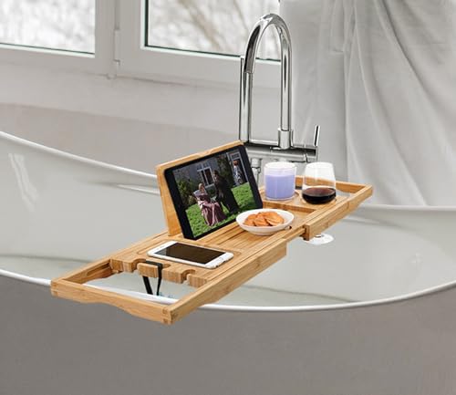 Utoplike Bamboo Bathtub Caddy Tray Bath Tray for Tub, Adjustable Bathroom Bathtub Organizer with Book Tablet Wine Glass Cup Towel Holder (24.5"-37.4")