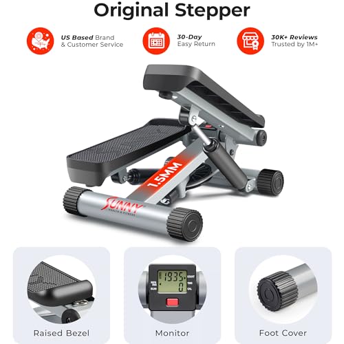 Sunny Health & Fitness Mini Steppers for Exercise at Home, Stair Step Workout Machine with Resistance Bands, Full Body Cardio Equipment with Digital Monitor - No. 012 -S