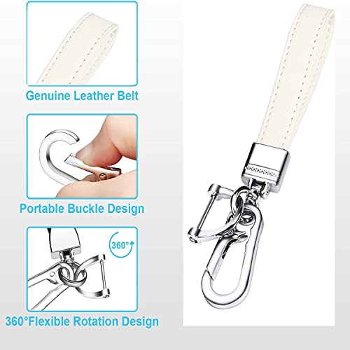 QBUC Genuine Leather Car Keychain,Universal Heavy Duty Metal Key Chain Accessories,Car Fob Key Keychain Holder with 360 Degree Rotatable Snap Swivel and Anti-Lost D-Ring for Men Women(White)