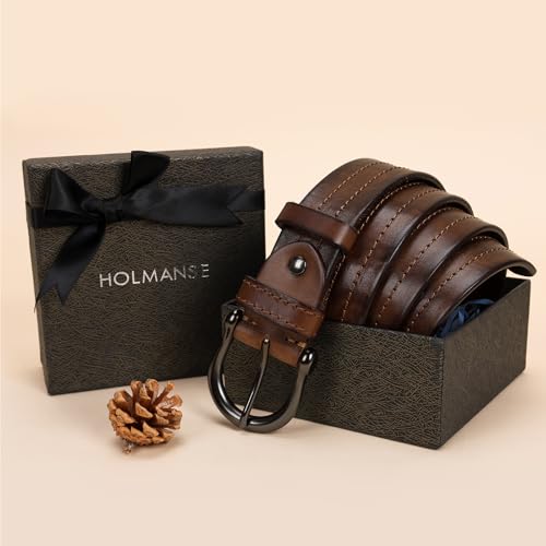 HOLMANSE Italian Vegetable Tanned Full Grain Leather Casual Jean Belt Men Genuine Leather Western Golf Cowboy Belt 7 Holes