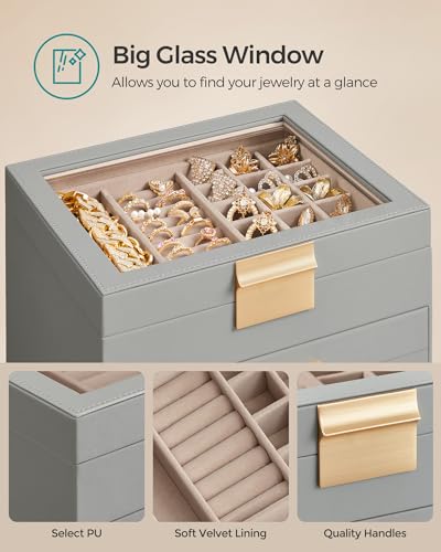 SONGMICS Jewelry Box with Glass Lid, 4-Layer Jewelry Organizer, 3 Drawers, for Big and Small Jewelry, Jewelry Storage, Modern Style, 8 x 9.1 x 6.5 Inches, Dove Gray and Gold Color UJBC173G01