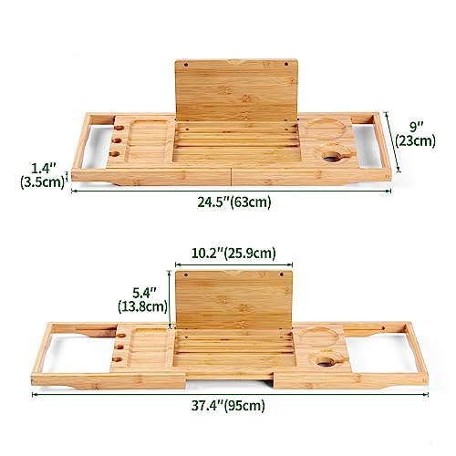 Utoplike Bamboo Bathtub Caddy Tray Bath Tray for Tub, Adjustable Bathroom Bathtub Organizer with Book Tablet Wine Glass Cup Towel Holder (24.5"-37.4")