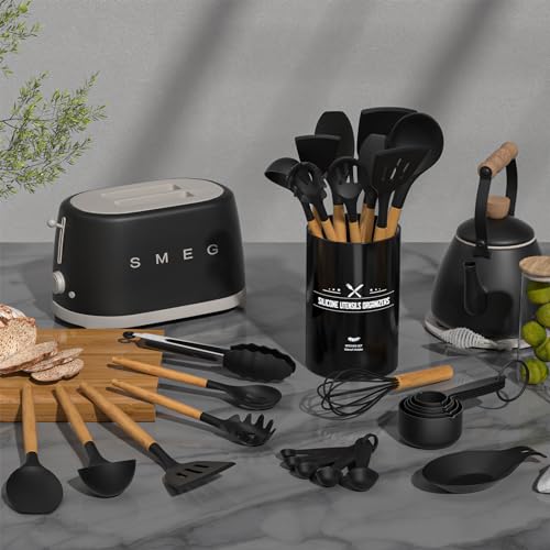 Umite Chef Kitchen Cooking Utensils Set, 33 pcs Non-Stick Utensils Spatula Set with Holder, Black Wooden Handle Silicone Kitchen Gadgets