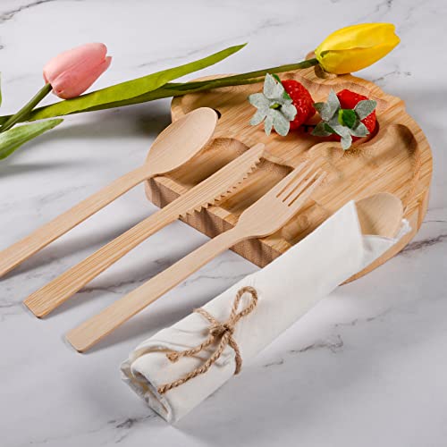 Pre Rolled Napkin and Bamboo Cutlery Set - 50Pack Bamboo Utensils/Compostable Cutlery(50 Forks, 50 Knives, 50 Spoons, 50 Napkins), Biodegradable Wrapped Cutlery for Party, Banquet, Wedding