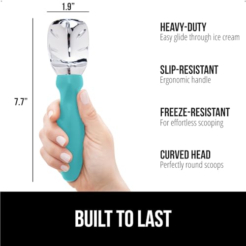 Gorilla Grip Heavy Duty Ice Cream Scoop with Comfortable Handle, Professional Grade Scooper for Perfect Round Scoops, Spoon Frozen Hard Gelato, Sorbet, Cookie Dough, BPA-Free Kitchen Tool, Turquoise