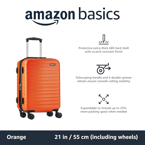 Amazon Basics Expandable Hardside Carry-On Luggage, Suitcase with Wheels, 21-Inch Spinner with Four Spinner Wheels and Scratch-Resistant Surface, Orange