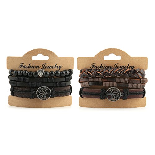 HZMAN Genuine Leather Tree of life Bracelets Men Women, Tiger Eye Natural Stone Lava Rock Beads Ethnic Tribal Elastic Bracelets Wristbands (2Pcs)