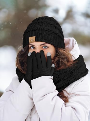 Winter Beanie Hat Scarf Gloves, Warm Fleece Knit Winter Hats Touch Screen Gloves Neck Scarf Set Winter Gifts for Unisex Adult Black