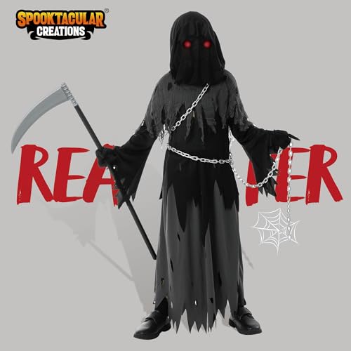 Spooktacular Creations Glowing Eyes Grim Reaper Costume for Kids, Halloween Costume for Boys, Phantom Costume-M(8-10yr)