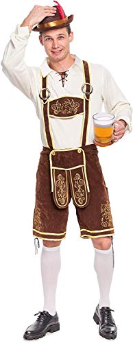 Spooktacular Creations Halloween Men’s Oktoberfest Costume Set, Lederhosen Men with German Bavarian Hat, Beer Costume, Adults Halloween Costumes Brown Outfit for Beer Festival Party (Large)