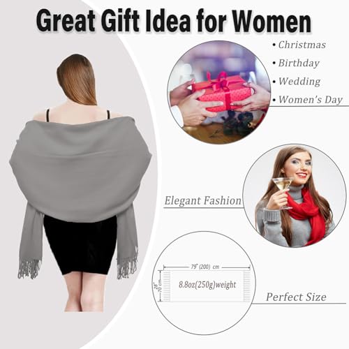 Women Shawl Wrap Scarf Pashmina Gifts Idea Wedding Christmas Birthday Evening Dresses Wear Lady Winter Large Warm Soft Stole Elegant Wide Solid Color Gray