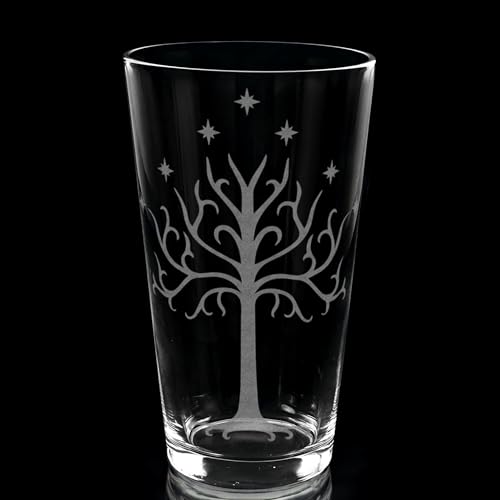 WHITE TREE OF GONDOR Engraved 16oz Pint Glass | Inspired by Tolkien LOTR and Middle Earth | Great Christmas Gift Idea | Unique Elvish Hobbit Wizard Fantasy Decor!