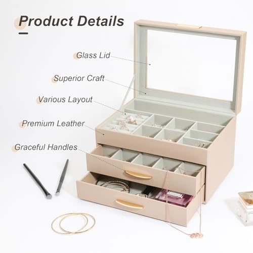 V-LAFUY Jewelry Organizer Box with Glass Lid, Women Jewelry Box Jewelry Display Case 3-Layer with 2 Drawers, Christmas Gifts for Women, Glass Lid Apricot