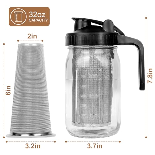 Cold Brew Coffee Maker, 32oz Cold Brew Pitcher with Stainless Steel Super Dense Filter, Durable Glass, BPA Free Sturdy Mason jar, for Iced Brew Coffee, Lemonade, Homemade Fruit Drinks Container