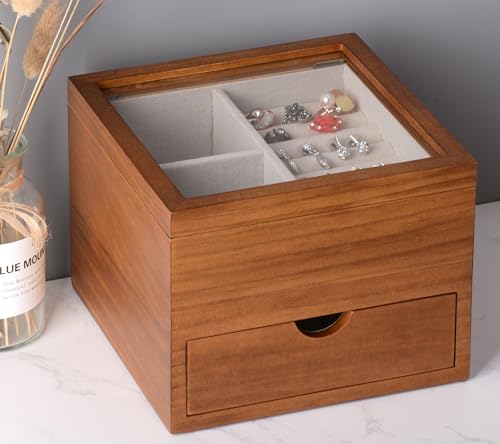 Clasin Home Jewelry Box with Glass Lid, 2 Layer Jewelry Organizer for Women, Solid Wooden Jewelry Box Display for Ring Earrings Necklace Bracelet, Pine Wood Jewelry Boxes Vintage Style for Gifts