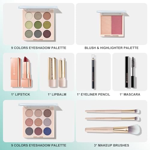 Color Nymph All In One Makeup Kit, Makeup Gift Set for Beginners Teenager Girls with Eyeshadow Palette Blush Lipstick Lip Pencil Eye Pencil Brush Mascara Portable Bag