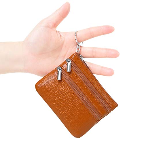 Women's Genuine Leather Coin Purse Mini Pouch Change Wallet with Keychain,brown